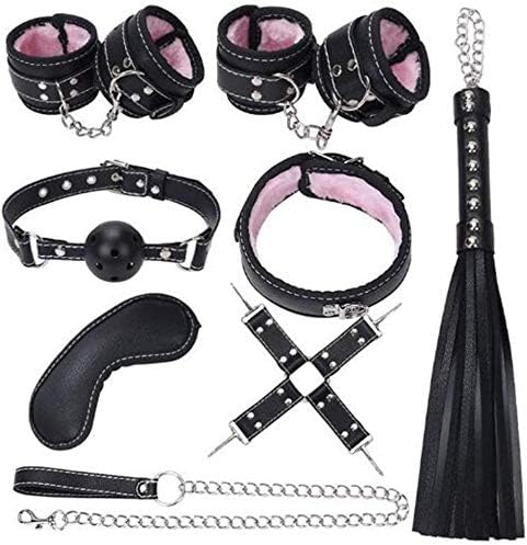NIUBISILE Leather and Plush Cosplay Set Toy 7 Pieces with Lovely Design B`D`S-M Kit Special Bundled Binding Set for Female Couples-Black