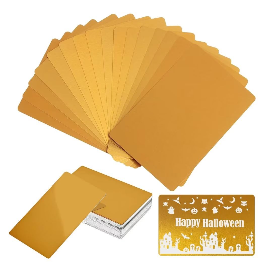 FONLAND 50pcs/Set 0.4mm Thickness Aluminum Metal Business Cards DIY Engraving Card Home Office Supplies Aluminum Blank Laser Blanks for Engraving(Gold)