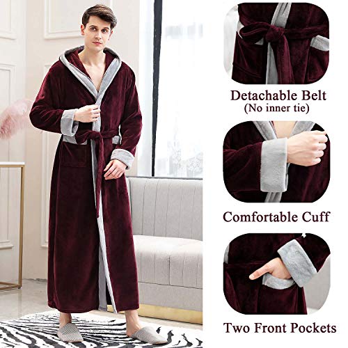 Mens Long Robes with Hood Full Length Hooded Bathrobe Fleece Plush