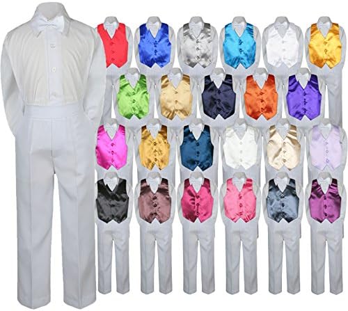 4pc Baby Toddler Boy Teen Formal Suit WHITE Pants Shirt Vest Bow tie Set SM-4T (Medium ( 6-12 Months ), White)