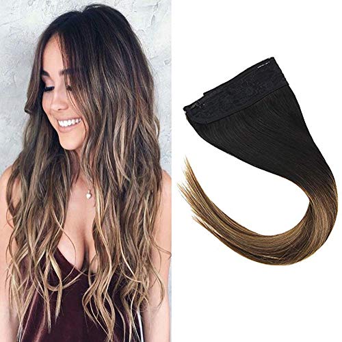 VeSunny 18inch Remy Invisible Hair Halo Extensions Human Hair Black Ombre Brown Mix #27 Caramel Blonde Secret Halo Wire Hair Extensions 11" Width 80G/Set