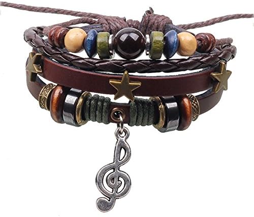 Note Fashion Woven Leather Bracelet Wooden Beads and Alloy Accessories Adjustable Cuff Charm Bangle