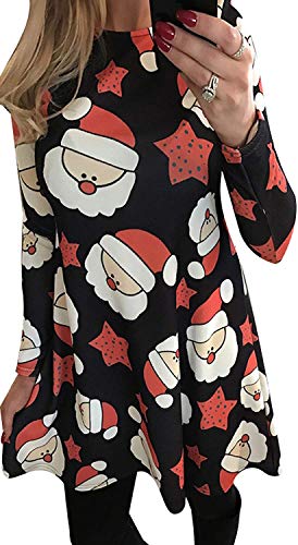 For G and PL Women Christmas Swing Party Long Sleeve Casual Printed Tunic Mini Dress Santa & Star XL