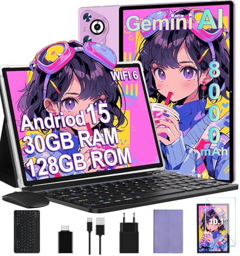 Dghrti 10 Inch Android 15 HD IPS Screen Tablet [30GB RAM] 128GB + TF 2TB – 8000mAh, Octo-Core, Built-in Metal Body, 5MP+8MP, WiFi6, Widevine L1, Face ID Tablet with Keyboard and Mouse – Purple