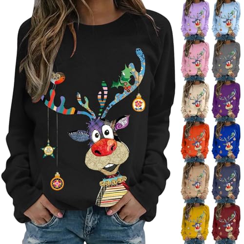 jumpers for women uk Christmas Jumpers for Women Ladies Sweaters UK Tshirts Funny Printed Jumper Ugly Sweater Long Sleeve Pullover Winter Shirt Plus Size Fashion Tops Women's Blouse (1-Black, L)
