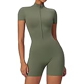 ECUPPER Women Short Sleeve Workout Jumpsuits One Piece Zip Up Gym Romper Tummy Control Athletic Yoga Unitard Bodysuit Shorts