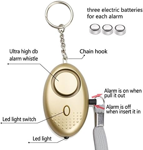 Personal Alarm, 140DB SOS Emergency Self-Defense Security Loud Alarm security system siren whistle key ring keychain for Women Girls Elderly Safety with LED Light (Batteries Included), Gold
