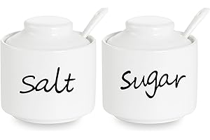 ONTUBE 8 oz Sugar and Salt Bowls with Lid and Spoon, Ceramics Condiment Pots,Seasoning Jar Spice Container for Kitchen,Dishwasher Safe (White)