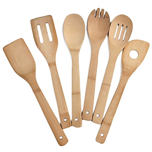 Comllen Premium Organic Kitchen Utensil Bamboo Wooden Set, 6 Piece Set Bamboo Spoons and Spatulas Cooking Utensils with Bamboo Holder Square