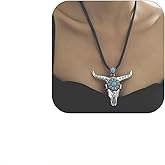 NLMSKI Turquoise Flower Longhorn Skull Pendant Cord Necklace For Women Western Boho Statement Adjustable Black Rope Bold Chunky Silver Color