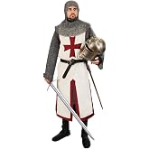 JPXH Mens Crusader Costume Knights Templar Tunic with Belt for Ren Faire | Crusader tunic and medieval belt create a layered knight look in sizes M to 3XL for Halloween Ren Faire LARP and stage events