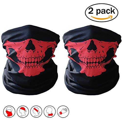 Skull Mask 2 Pack, seamless skull face tube masks (2 Red)