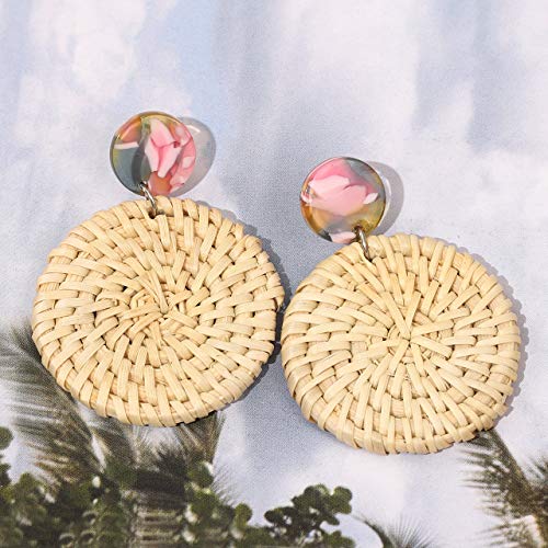 MOLOCH Rattan Earrings Handmade Lightweight Straw Wicker Braid Woven Drop Dangle Earrings Acrylic Resin Disc Statement Stud Earring (Disk Floral)