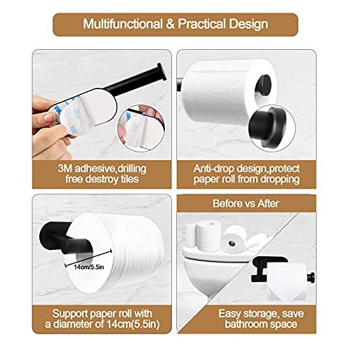 TORMAYS Toilettenpapierhalter, Klopapierhalter Ohne Bohren, Selbstklebend WC Papier Halterung + 4 Handtuchhaken, Klorollenhalter Edelstahl 304, Rollenhalter Schwarz Matt für Bad, Schlafzimmer, Küche