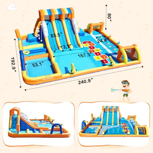 ELEMARA 12-in-1 Inflatable Water Slide Park for Big Kids, 20.07x15.91FT Bouncer with 3 Long Slides, Climbing Wall, Digital Springboard & Splash Pool, Includes 950W Air Blower