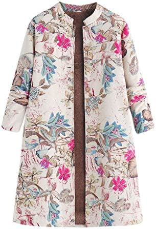 TUDUZ Womens Winter Warm Outwear Vintage Floral Print Button Pockets Parka Oversize Cotton Linen Fluffy Fleece Thick Coats