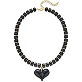 YUJIE Chunky Heart Penadnt Necklace for Women- Exaggerated Statement Puff Heart Necklace with Acrylic Beaded Chain