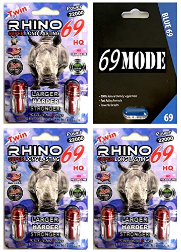 Rhino 69 Twin Power 22000 - Now 2 Pills in a card - Best Male Sexual Enhancement Supplement - Super Power - 6 Pills (22K) PLUS 69 MODE 1 PILL
