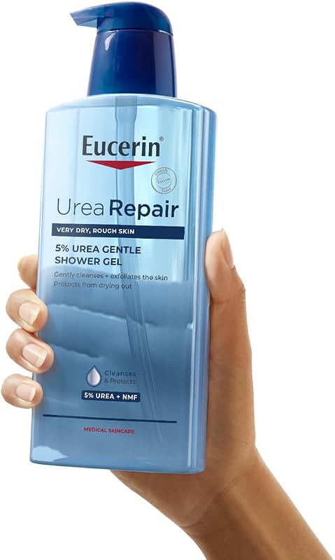 Gel de Banho Suave UreaRepair 5% Ureia (400 ml), gel de limpeza hidratante e esfoliante para o rosto e corpo para alívio imediato, espuma de limpeza para pele seca e muito seca