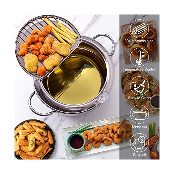 Deep-Fryer-Pot304-Stainless-Steel-with-Temperature-Control-and-Lid-Japanese-Style-Tempura-Fryer-Pan-Uncoated-Fryer-Stainless-Steel-Cookware-Gas-Stove-Silver-20cm79inch Deep Fryer Pot,304 Stainless Steel with Temperature Control and Lid Japanese Style Tempura Fryer Pan Uncoated Fryer…