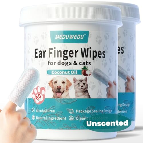 MEDUWEDU EAR CLEANER FINGER WIPES 120 COUNTS, DOG EAR CLEANER, GROOMING KIT CARE FOR DOGS AND CATS, SOFT & EASY OTIC CLEANING PADS, REMOVE WAX, DIRT & STOP SMELLY, ITCHY, NON-IRRITATING, UNSCENTED