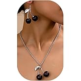 Decixde Red Cherry Earrings Necklace Set for Women Funny 3D Charm Cherry Pendant Necklaces Fruit Drop Dangle Earrings Cute Fruit Jewelry