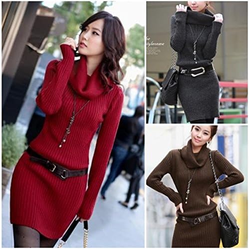 Amazon ベルト ネックレス付 厚手ロング丈タートルネックニットワンピース フリー 黒 ワンピース チュニック 通販