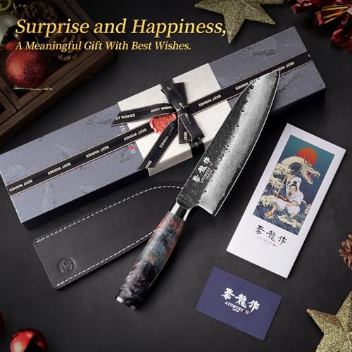 Japanese Chef Knife with VG10 Core, 7'' Razor Sharp Hand Forged Damascus Santoku Knife for Home & Professional Chefs, Kitchen Knives with Leather Sheath & Gift Box, Fathers Day Gift for Dad Husband