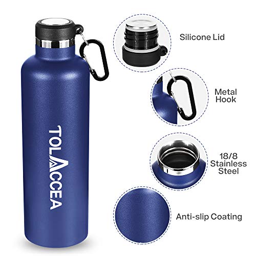 Tolaccea Stainless Steel Water Bottles BPA Free Double Walled Vacuum Insulated Sport Water Bottle 1L for Camping Hiking Cycling Beach Backpacking Running Blue