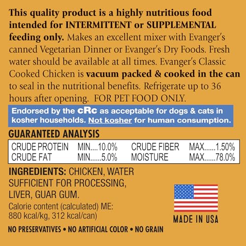 EVANGER’S HERITAGE CLASSICS COOKED CHICKEN DOG FOOD – 12 COUNT, 12.5 OZ EACH – GRAIN & GLUTEN FREE, SIMPLE MEAT-BASED DIET – SUPPLEMENTAL & INTERMITTENT FEEDING