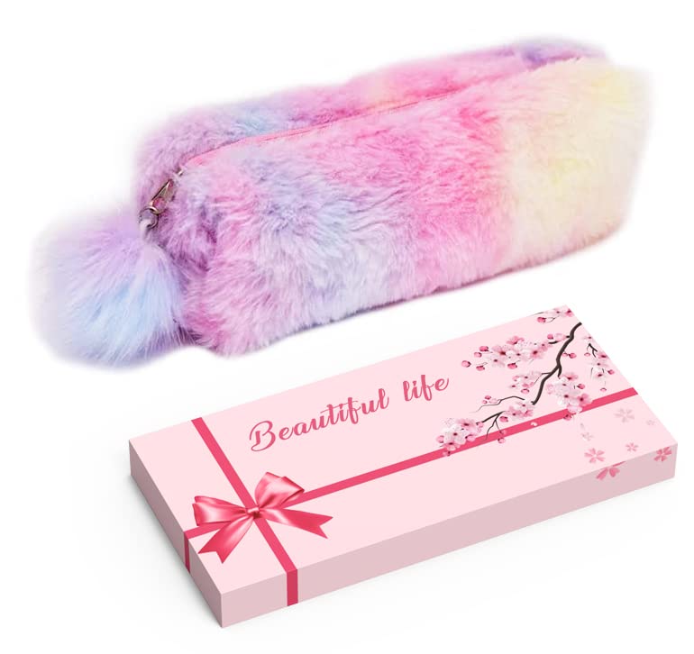 Roontin Plush Rainbow Pencil Case for Girls - Large Capacity Soft Pencil Case with Fluffy Pouch Design - Perfect for School Supplies and Makeup Storage