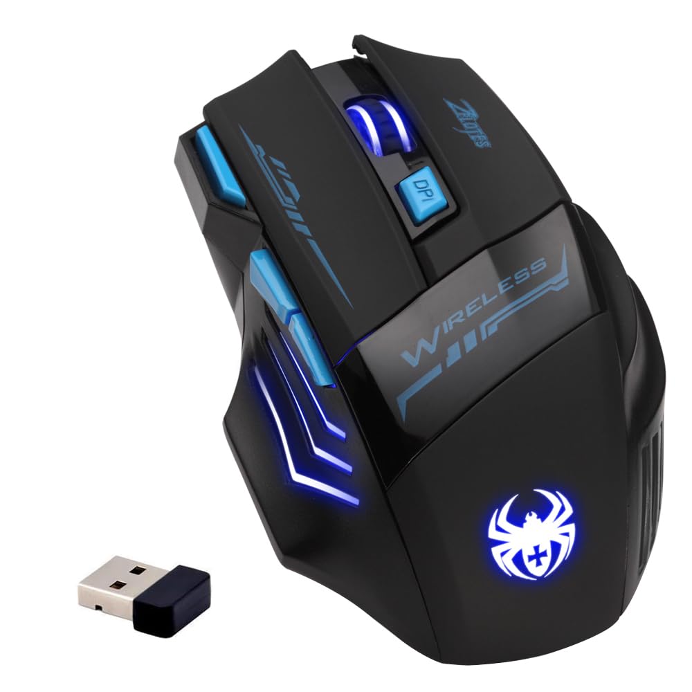 Zelotes 2.4GHz Professional Wireless Mouse,7 Buttons 2400DPI Blue LED Optical Cordless Gaming mouse mice for Notebook, PC, Mac, Laptop (Black)