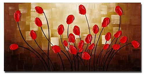 Wieco Art - Extra Large Budding Flowers Modern Wrapped 100% Hand Painted Contemporary Abstract Red Floral Oil Paintings Artwork on Canvas Wall Art for Living Room Bedroom Home Decorations