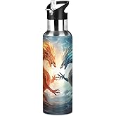 Dragons Water Bottle with Straw Lid Kids Insulated Stainless Steel Water Flask Sports, 20 Oz Hot Cold
