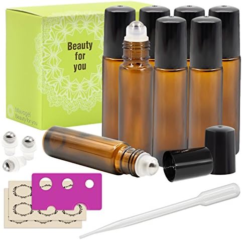 8, 10ml Amber Glass Roll on Bottles With Stainless Steel Roller Ball for Essential Oil by Mavogel - Include 3 Extra Roller Ball, 12 Pieces Labels, Essential Oils Opener, Dropper