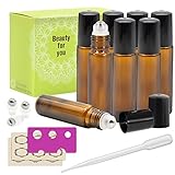 Mavogel 8-Piece 10ml Amber Glass Roll on Bottle Kit Bundle with 3-Piece Stainless Steel Roller Ball, 12-Piece Label, Essential Oil Opener and 3ml Dropper