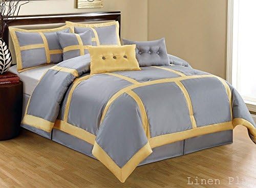 7 Piece Yellow Gray Patchwork Comforter Set Cal King Size New