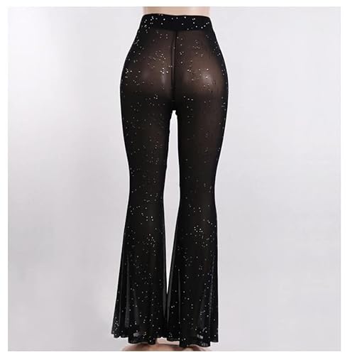 Women's Rave Sheer Mesh Sparkly Pants Bell Bottom Rave Outfit