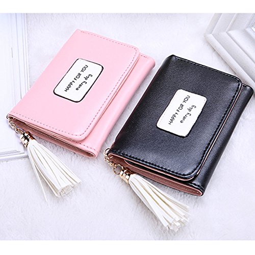 Girls' Lovely Student Short Wallet, PU Leather Coin Purse Pink wallet,Fringed Seventy Percent off, Small fresh Blue color Credit Card Holderï¼ˆ2 Pack,Pink purse&Blue Card Bag