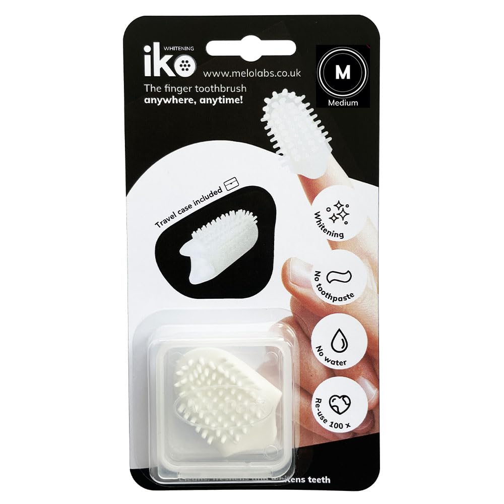 iKo Whitening Finger Toothbrush + Clear Case, Soft Touch, No Toothpaste or Water Needed, 100% Recyclable Eco Adult Home Dental Care, Mini Travel Oral Health Holiday Essential - Medium 18mm Finger