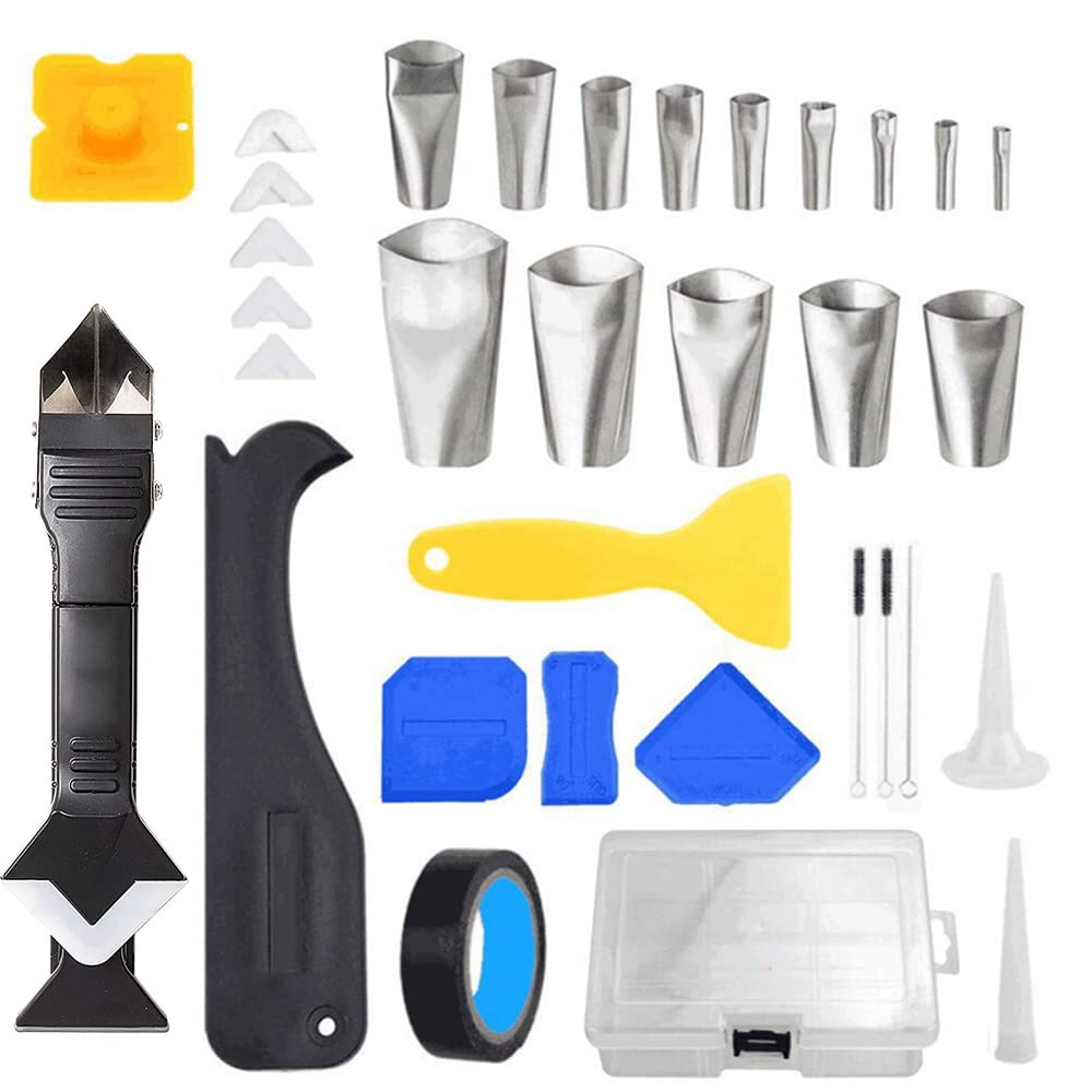 CENPEK 34Pcs Caulking Tools, Silicone Caulking Finishing Tool Kit Reuse and Replace 5 Silicone Pads Sealant Caulk for Kitchen Bathroom Window