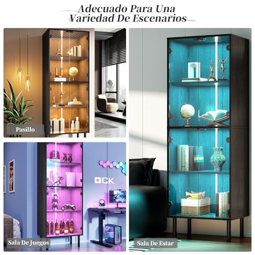 Simple Wisdom Vitrina,Vitrinas Exhibidor con Puertas de Cristal,Vitrinas Alta de Cristal con Luces LED,Vitrina para Coleccionables con 3 Estantes para Esquinero para Sala (Negro, 181X60 CM)