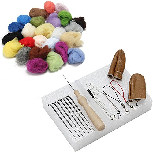 Soft Wool Felt + Felting Needle Tools Set Mat Starter Kit DIY Craft, Set of 25/16 Colors (25 Colors)