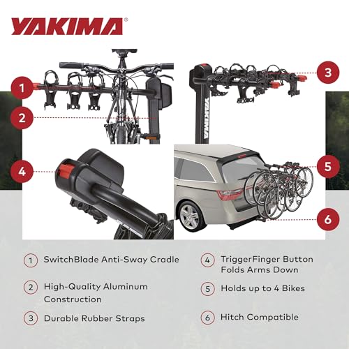 Yakima DoubleDown 4 Hitch Mount Bike Rack, 4-Bike Carrier for Car, SUV & Truck - Fits 2” & 1.25” Receivers, Tilting Rear-Mounted Bicycle Holder with Anti-Sway Cradles & Folding Arms