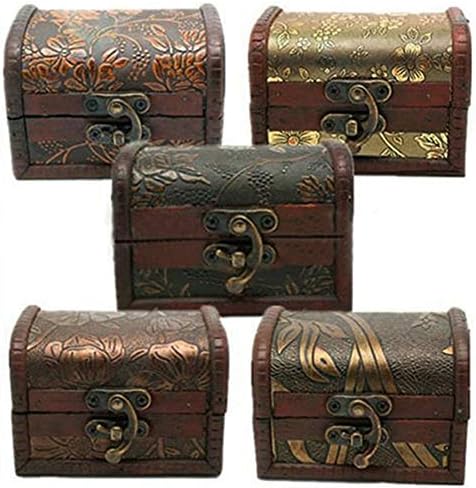 Funseco 1 Pc Small Handmade Wooden Jewelry Box Chest Organizer with Metal Lock Vintage Wood Treasure Chest Box Case Storage Gift Box (Random Pattern)