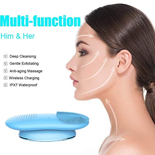 Automatic Facial Cleansing Brush Wireless Charging Electric Waterproof Silicone Facial Brush with 12 Speeds for Deep Cleansing, Gentle Exfoliating, Anti-Aging Skin Care, Massaging-Blue