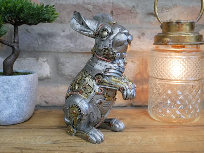 Silver Steampunk Rabbit Figure Art Animal Sculpture Metallic Ornament Statue Home Decor Gift Resin, H: 14cm W: 12cm D: 15cm