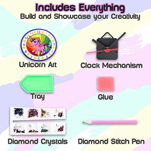 Kids Clock with Diamond Art Unicorn - DIY Diamond Painting Kits for Kids, Adults - Arts and Crafts for Girls and Boys Ages 6 7 8 9 10 11 12 Year Old - Build and Paint Your Own Unicorn