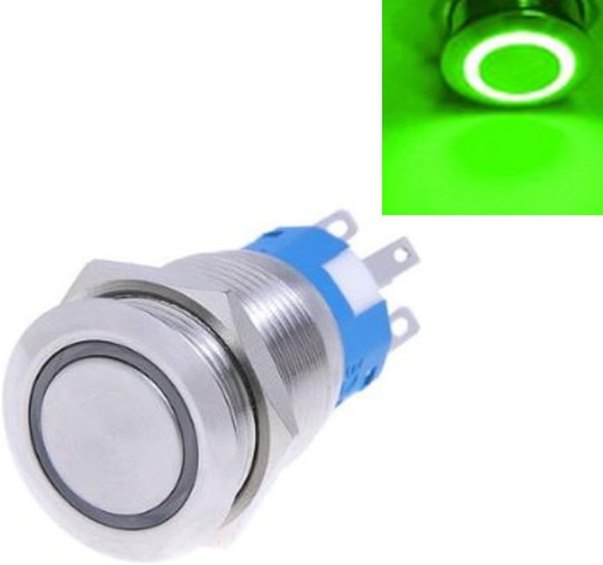 Winwill® 12V 19mm Metal Push Button On/Off Switch Green LED Waterproof Flat Head