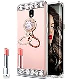 Galaxy J7 Pro Case,Galaxy J7 Pro Mirror Case, Slim Luxury Rhinestone Diamond Glitter Bling Mirror Back Soft TPU Protective Case with Ring Stand Holder for Galaxy J730 J7 Pro (2017),Rose Gold